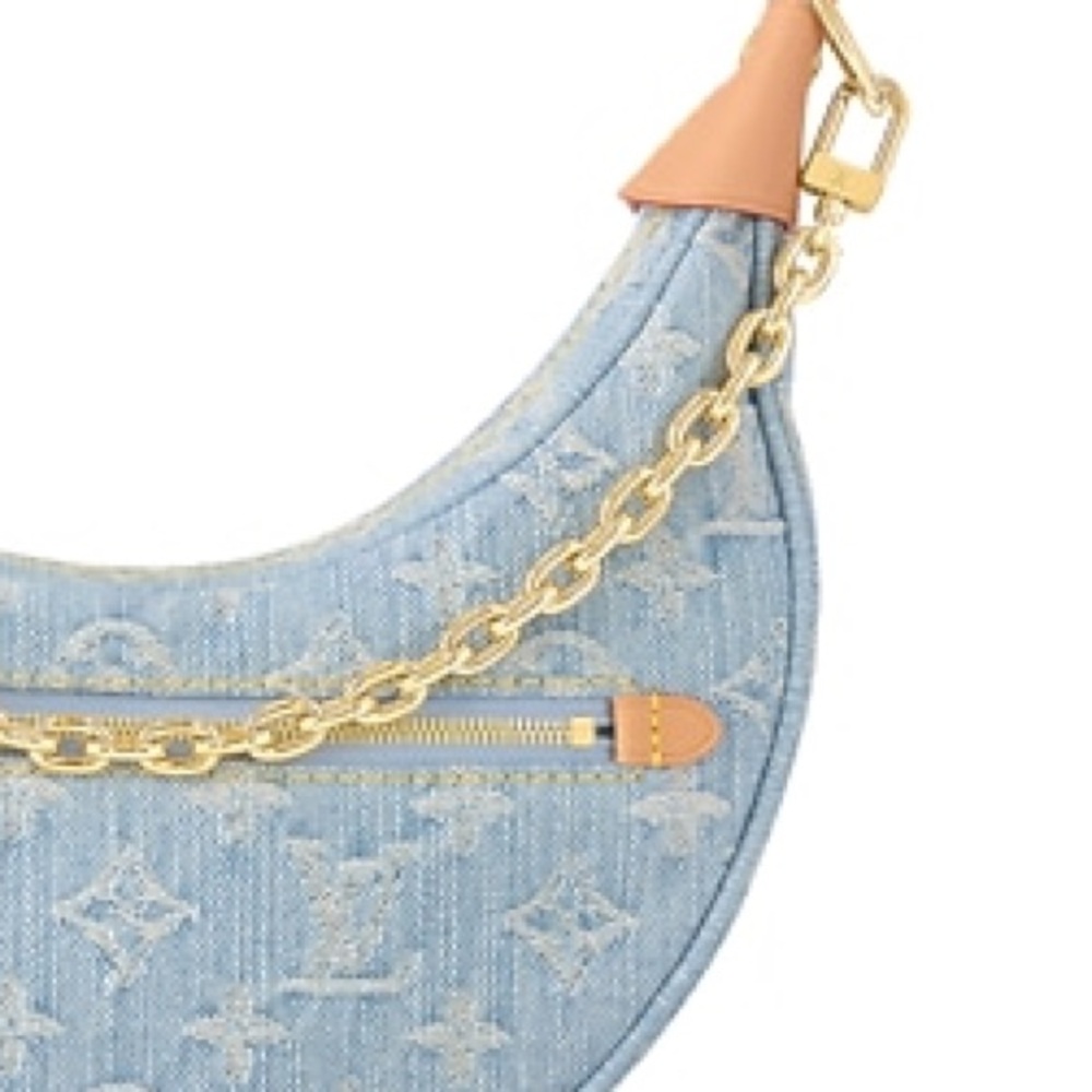 Louis Vuitton Light Blue Denim Crescent Hobo with Gold Chain